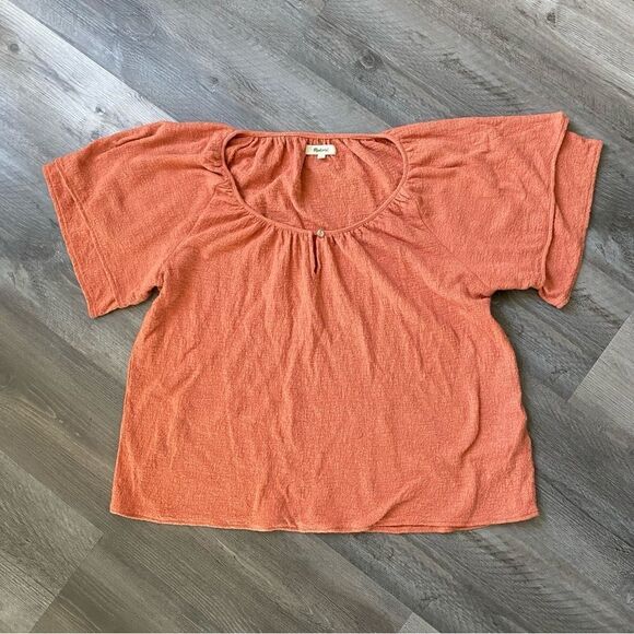 Madewell Textured Keyhole Top Large Clay Tiered Ruffle Sleeves Preppy - Picture 2 of 8